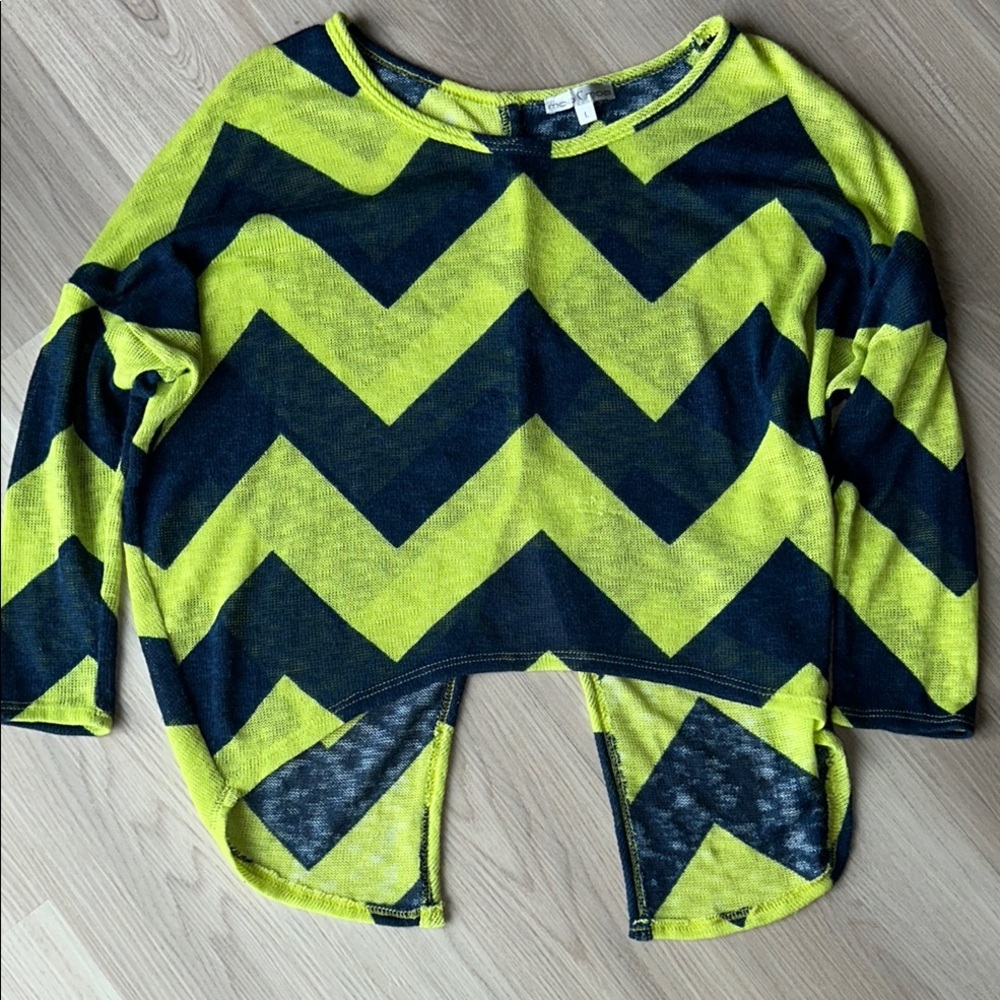 Moa Moa Chevron Open Knit Top Split Back Navy Lime L Zigzag Lightweight Loose